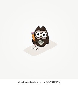 simple card illustration of cartoon owl with paper and pencil