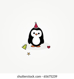 simple card illustration of cartoon penguin with christmas hat and ornaments