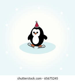 simple card illustration of cartoon penguin with christmas hat and ice skates