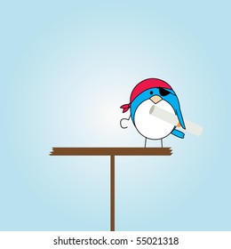 simple card illustration of cartoon pirate bird on platform