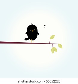 Simple card illustration of funny cartoon black bird on branch