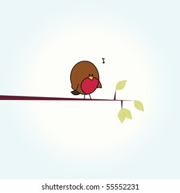 Simple card illustration of funny cartoon robin bird on branch