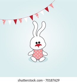 simple card illustration of funny cartoon rabbit with party bunting