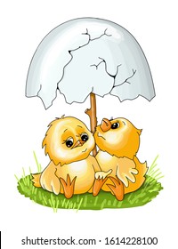 simple card illustration of two funny cartoon two lovers chicken under an umbrella