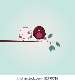 simple card illustration of two funny cartoon birds on a branch