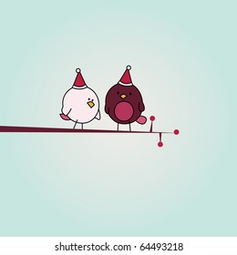 simple card illustration of two funny cartoon birds with christmas hats on a branch