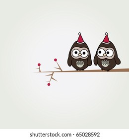 simple card illustration of two funny cartoon owls with christmas hats on a branch