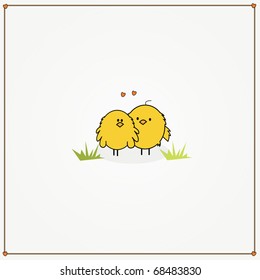 simple card illustration of two funny cartoon chickens in love