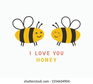 Simple card I Love You Honey. Cartoon cute valentine day poster. Vector illustration.