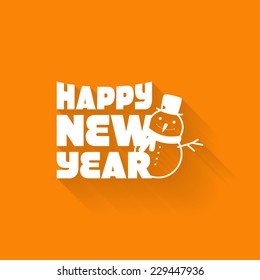 Simple card for New Year with a white snowman on orange backgrou
