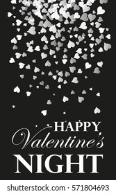 simple card for Valentine s day. Happy Valentine's Night, party. Black and white style, falling hearts. Design element, poster.