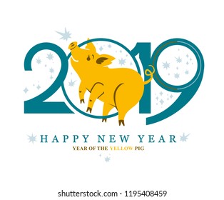 Simple card with a Yellow Pig in circle. New Year's design. 2019