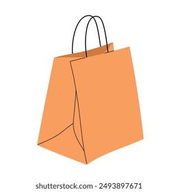 Bolso de cartón simple con asas en diseño plano, para comestibles, almuerzo, comida para llevar, entrega. Ilustración vectorial aislada dibujada a mano