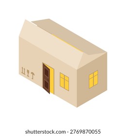 Simple cardboard box house. Concept of affordable housing, social support, and free shelter for homeless. Minimalist isometric vector illustration isolated on white.