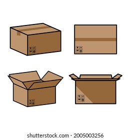 simple cardboard box mockup set from side, front and top view open and closed isolated on white background. Parcel packaging template - vector illustration.
