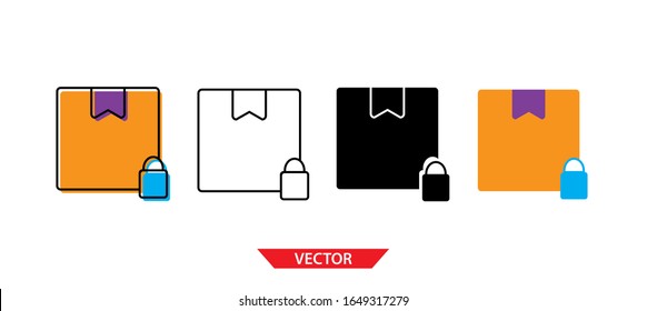 Sencillo icono de seguridad de candado de cartón en fondo blanco 4 tipos como contorno, negro, color, contorno y color. Ilustración vectorial.