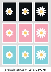 Simple cards with chamomile or daisy flowers. Plant flower head sign symbol in flat design. Vector illustration