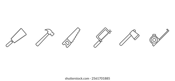 Simple carpentry equipment icon. Work tools. A set of work tools. Collection of repair and construction tools in line style vector illustration on transparent background. Editable stroke.