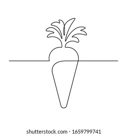 Simple carrot design in continuous line art drawing style. Growing carrot plant minimalist black linear sketch isolated on white background. Vector illustration