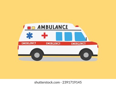 Simple cartoon ambulance illustration flat vector. Hand drawn specialty vehicles icon. Transportation element in kid drawing style. Emergency.