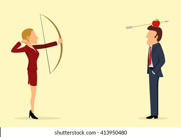 Simple cartoon of an archer woman shooting an apple on man's head