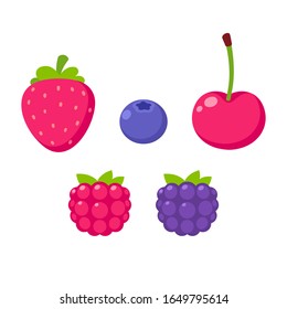 Simple cartoon berries drawing, icon set. Cute strawberry, raspberry, blueberry, cherry and blackberry. Summer fruits isolated vector clip art illustration.