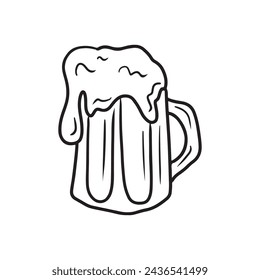 Simple cartoon big mug of beer lager with foam in black isolated on white background. Hand drawn vector sketch illustration in doodle engraved line art style. Happy Saint PAtrick's day, bar, beverage.