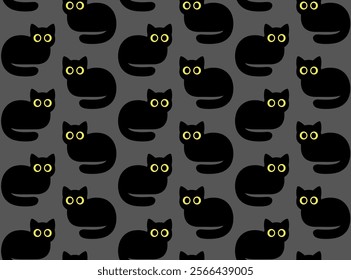 Simple cartoon black cat seamless pattern, cute cat silhouette with yellow eyes. Dark Halloween background texture. 