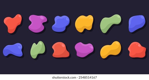 Simple Cartoon Blob Shapes. Multicolored Liquid Organic Blobs. Wavy geometric stains with vibrant colors. Abstract and simple figures. Irregular dynamic shapes. Modern asymmetric spots. 