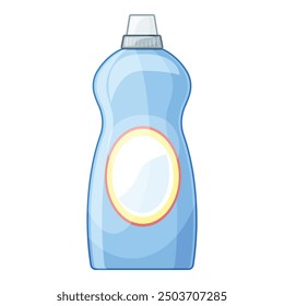 Simple cartoon blue plastic detergent bottle with blank label, isolated on white