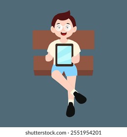simple cartoon boy with eyeglass carrying banner white blank
