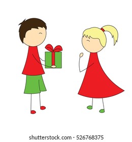 Simple cartoon boy gives a gift to the girl. A child's drawing.
