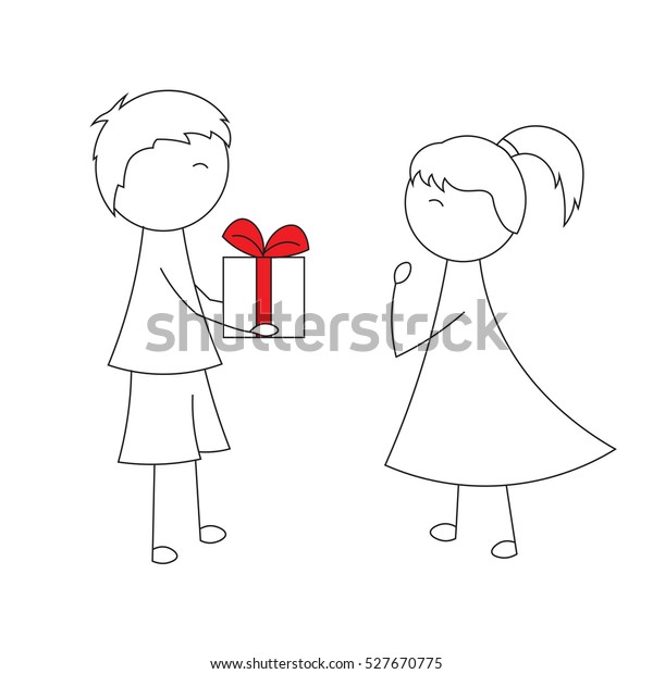 Simple Cartoon Boy Gives Gift Girl Stock Vector Royalty Free