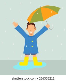 Simple cartoon of a boy with umbrella standing in the rain
