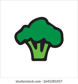 Simple cartoon broccoli illustration with a bright green florets and stalk, outlined in black. Isolated on a white background. Ideal for healthy eating or food-related designs