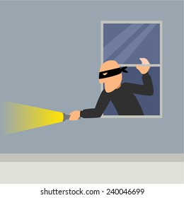 Simple Cartoon Of A Burglar Break Into A House