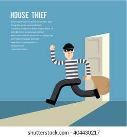 Simple Cartoon Of A Burglar Break Into A House In Flat Stele/ Vector Illustration