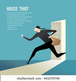 Simple Cartoon Of A Burglar Break Into A House In Flat Stele/ Vector Illustration