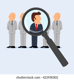 Simple cartoon of business concept for looking for the right person for the right position. Promotion, human resources, candidate, head hunter, investigate concept