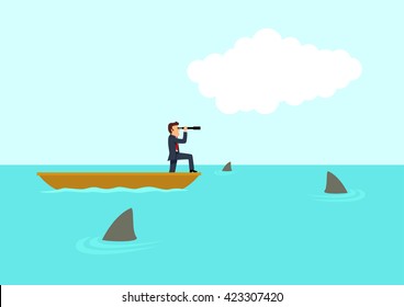 Simple cartoon of a businessman alone on boat using telescope on the ocean full of sharks. Business, determination, challenge, risk, forecast concept