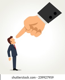 Simple cartoon of a businessman being pointed by giant finger