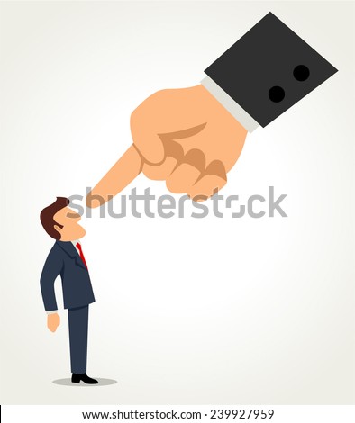 Simple cartoon of a businessman being pointed by giant finger