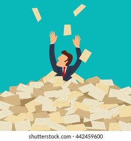 Simple cartoon of businessman buried in letters, spam, message, email, junk mail concept