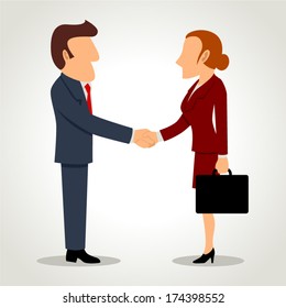 Simple cartoon of businessman and businesswoman shaking hands