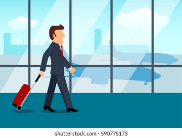 Simple cartoon of a businessman carrying a luggage at the airport