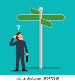 Simple cartoon of a businessman confused to choose direction