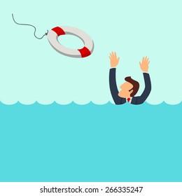 Simple cartoon of a businessman cried for help in the flood