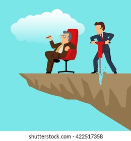 Simple cartoon of a businessman with drilling machine trying to drill the edge of rock to make his boss fall. Sabotage, competition concept