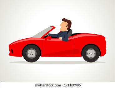 Simple cartoon of a businessman driving a sport car