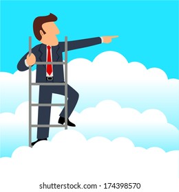 Simple cartoon of a businessman get a better view on a ladder